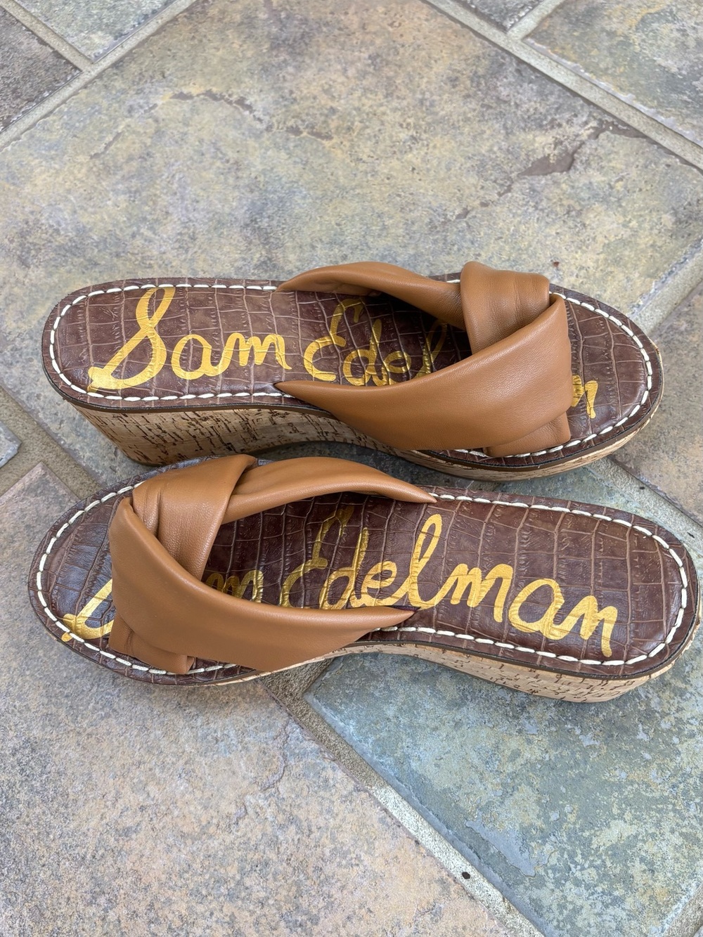 Sam Edelman Cognac Braided Strap Wedge Sandals